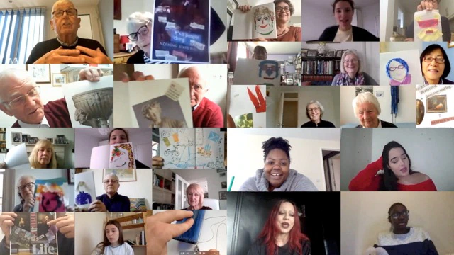 A collage of people on a video call