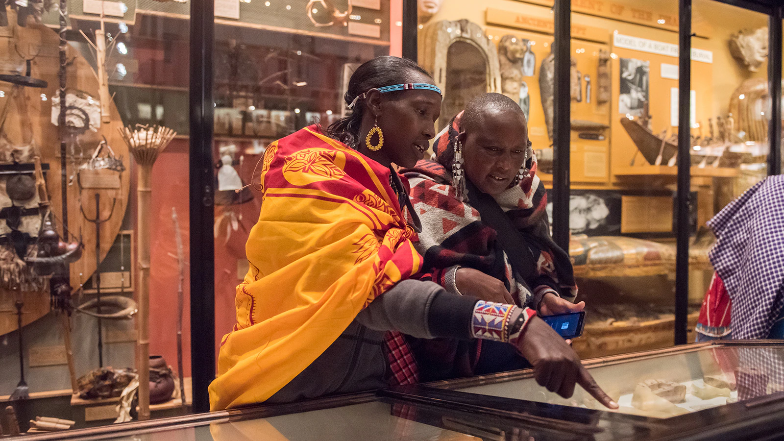 Two people look at collections in a glass presentation display