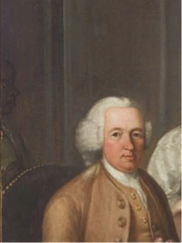 A painted portrait of an 18th-century man with white, curled hair wearing a tan coat and cream waistcoat, seated and looking toward the viewer. Another figure is partially visible in the background.