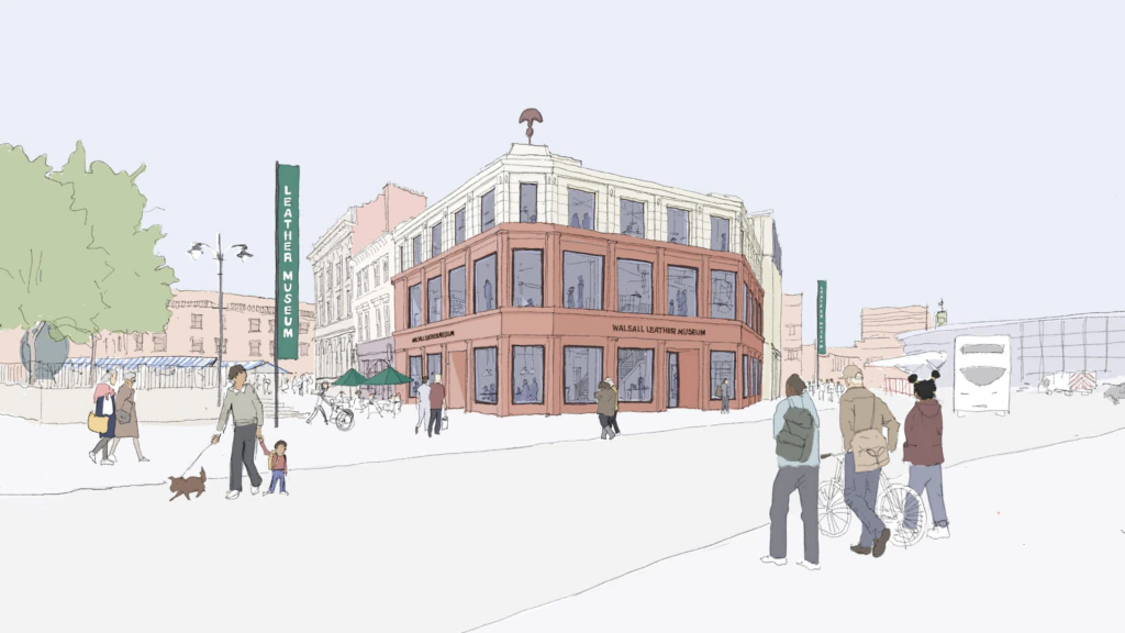 Illustration of a city street corner with people walking, a dog, and a two-story building labeled “Malling Auction & Gallery.” Outdoor café seating and green banners are visible; the scene is light and stylized.