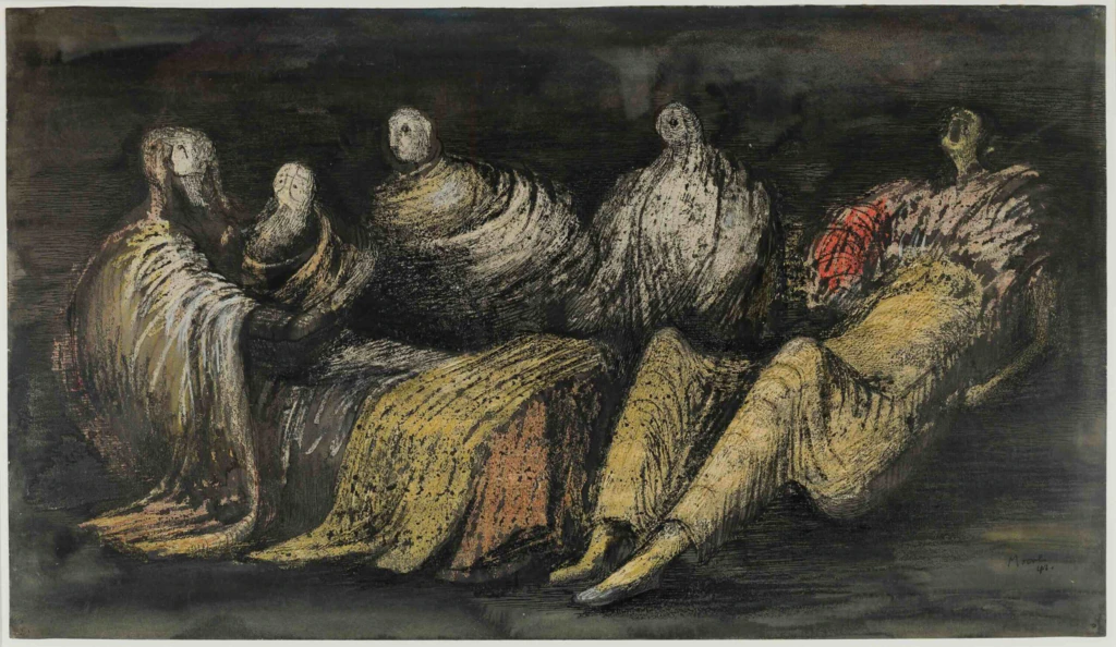 Abstract painting of five shrouded, ghost-like figures in muted earth tones, sitting and reclining against a dark background. One figure on the right has a red area on its chest, drawing attention.