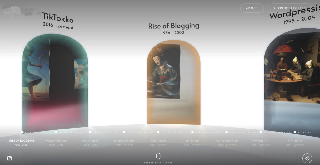 A digital timeline with three arched doorways labeled TikTokko (2016–present), Rise of Blogging (986–2000), and WordPress (1998–2004), each showing distinct artistic scenes inside the arches.