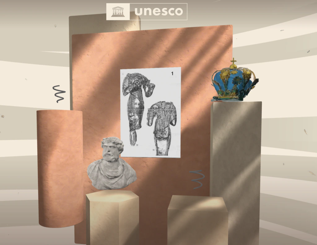 A digital collage features a UNESCO logo, ancient artifact sketches, a stone bust, a royal crown, and various marble-like pedestal shapes arranged artfully with soft, neutral tones.