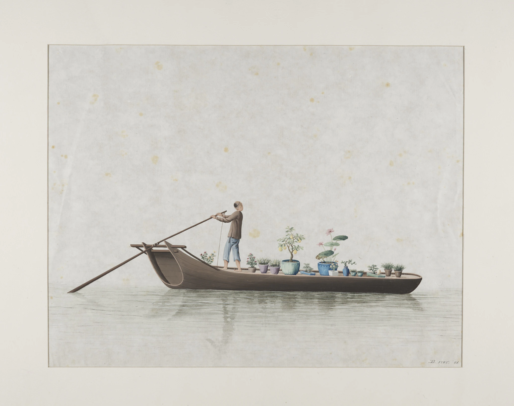 A person stands on a wooden boat, rowing across calm water. The boat is filled with various potted plants and flowers in colorful pots. The background is light and minimal.