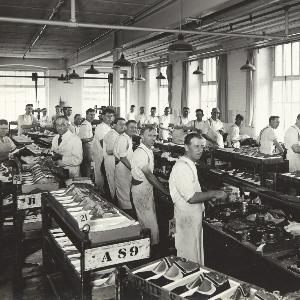 Black-and-white photo of men wearing aprons working in a large, bright factory with shoes on workbenches. The men stand in rows, looking toward the camera, with industrial lighting and windows in the background.