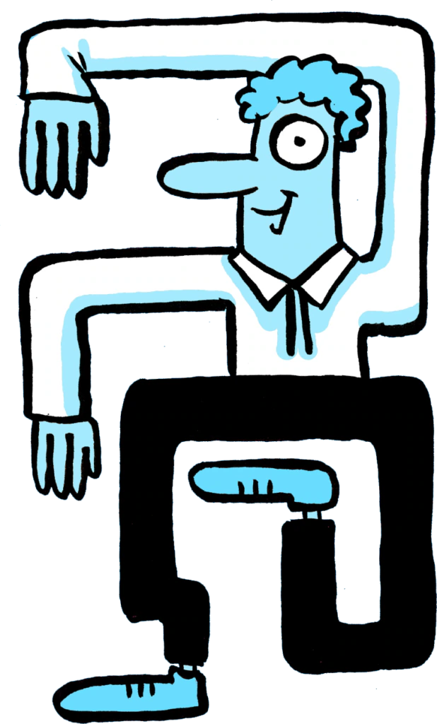 Cartoon figure with blue skin and curly hair, bent into angular, zigzag shapes to form the number 5 with their arms and legs. The character is smiling and wearing a collared shirt and shoes.