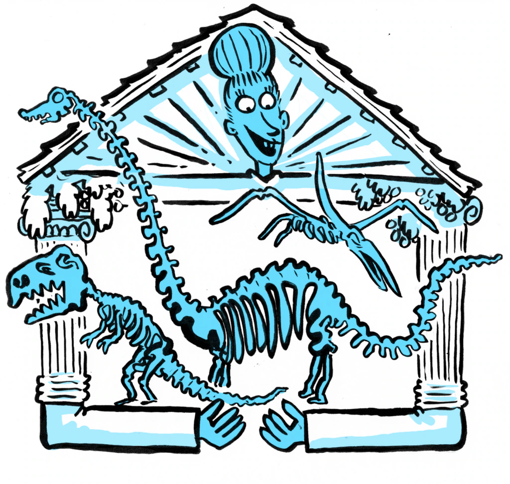 A cartoon-style drawing of a museum facade with dinosaur skeletons and a flying reptile inside, overseen by a smiling person’s head above the roof. The scene uses blue and black lines for contrast.