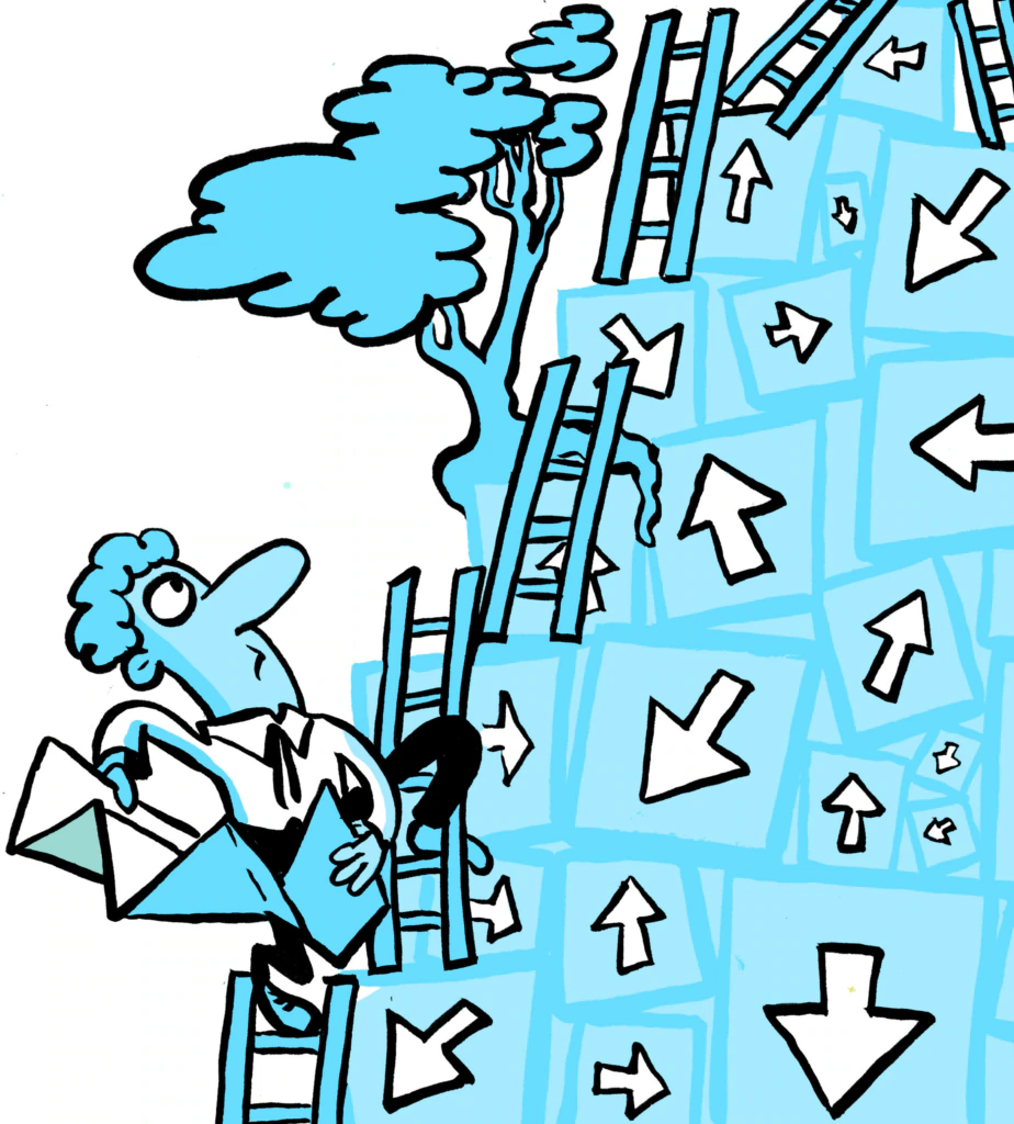 A cartoon person holding envelopes climbs a ladder surrounded by many arrows pointing in different directions, with more ladders and a tree in the background. The scene is illustrated in blue and white tones.