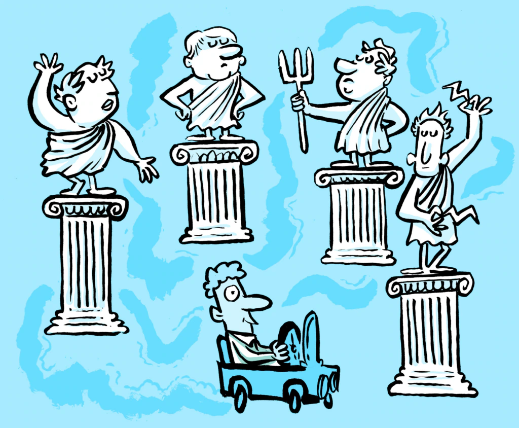 Cartoon of four people in togas atop classical columns, each striking a dramatic pose; below them, another person relaxes in a small car, looking up at the columns, all set against a blue background.
