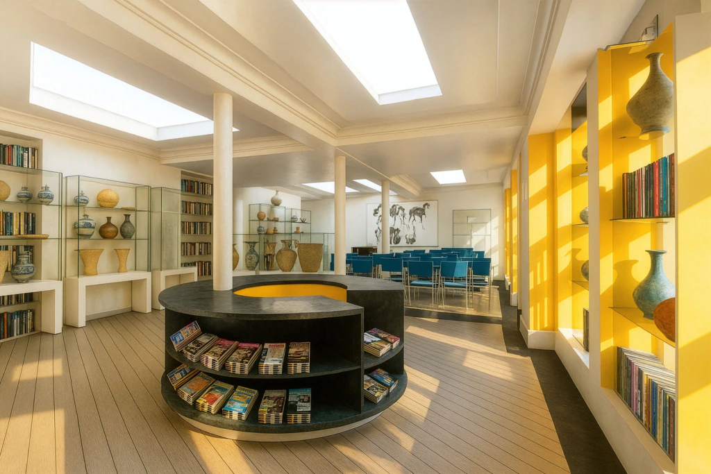 A bright library room with skylights, yellow shelves holding books and pottery, a round display table with magazines, glass cabinets, and blue chairs arranged at the far end. Sunlight streams in, creating a warm atmosphere.