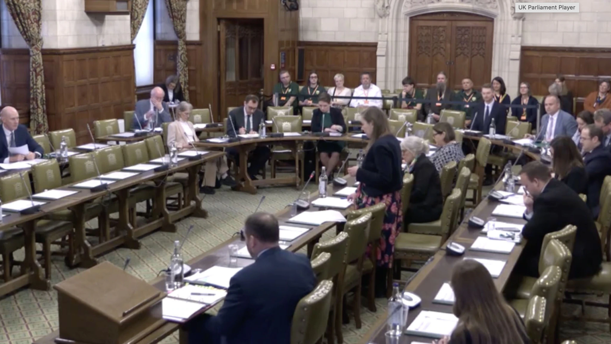A group of people in formal attire sit at desks in a wood-paneled room, with some participants standing and speaking. Others observe from the back. The setting resembles a parliamentary or committee meeting.