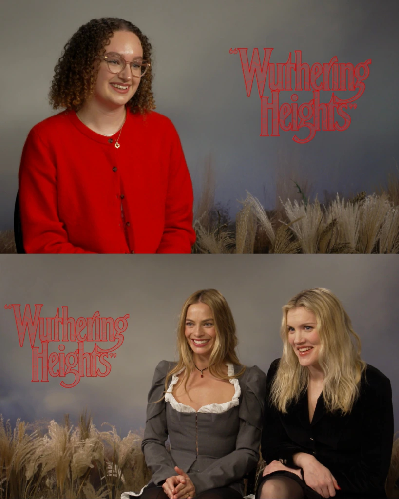 Mia Ferullo in the top panel interviews Margot Robbie and Emerald Fennell in the bottom panel