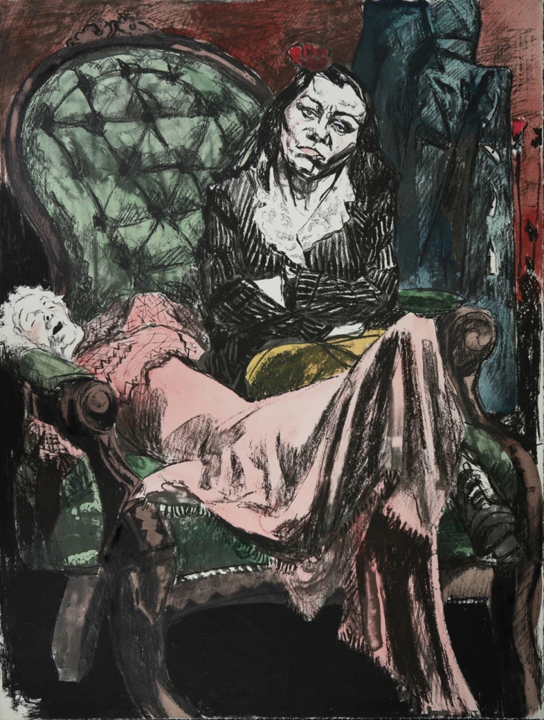 A somber illustration of a woman with dark hair and striped clothes sitting in a large green chair, arms crossed, next to a pale figure in pink lying across her lap, against a dark, moody background.