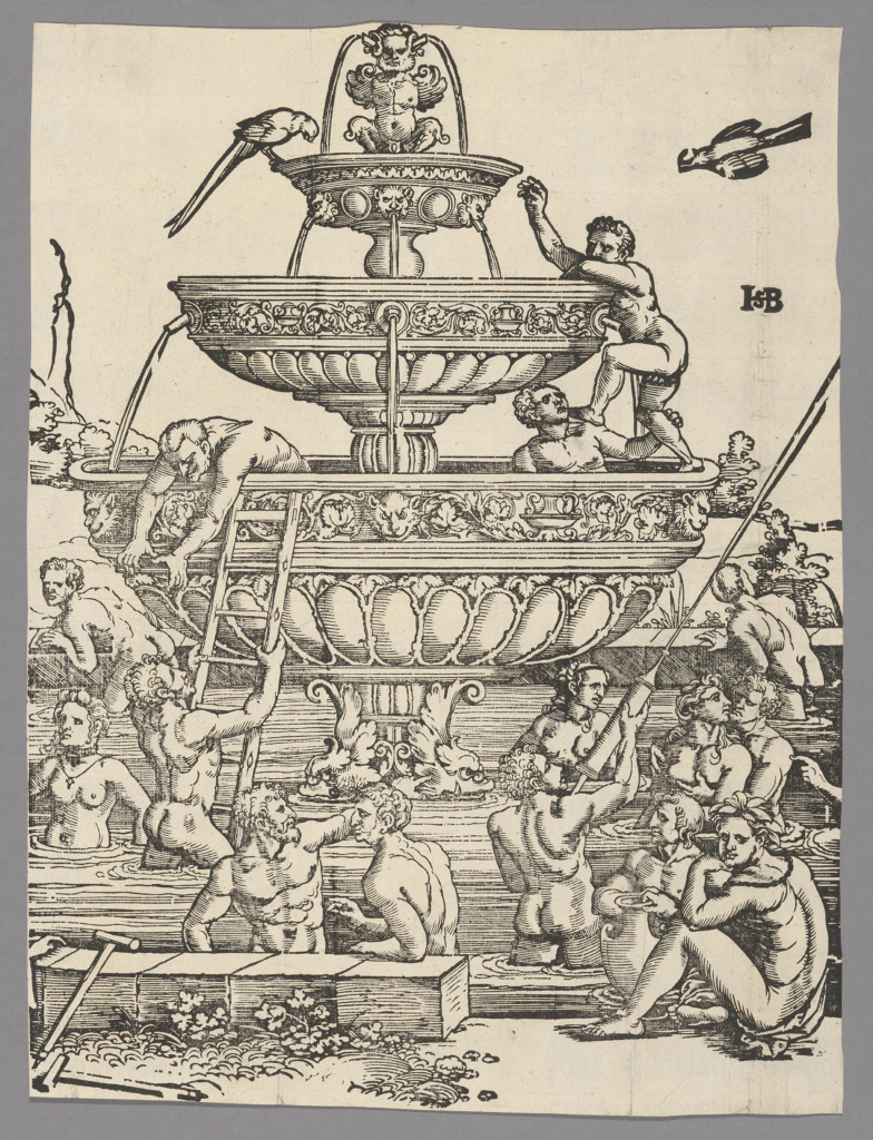 A detailed black-and-white illustration of a large decorative fountain surrounded by nude figures bathing, climbing, and interacting. Two birds are visible, one perched on the fountain and one flying nearby.