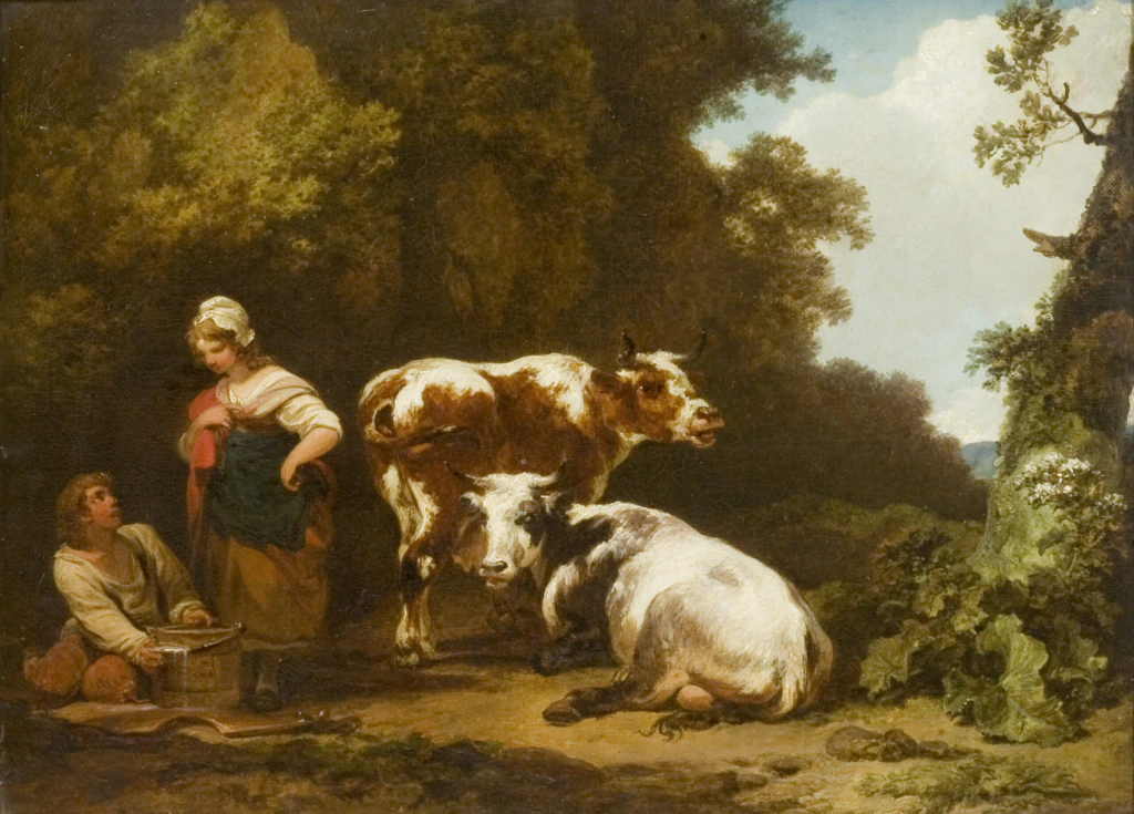 A pastoral scene shows a woman standing beside a man seated on the ground with a milk pail, next to two cows—one standing and one lying down—set against a backdrop of trees and blue sky.