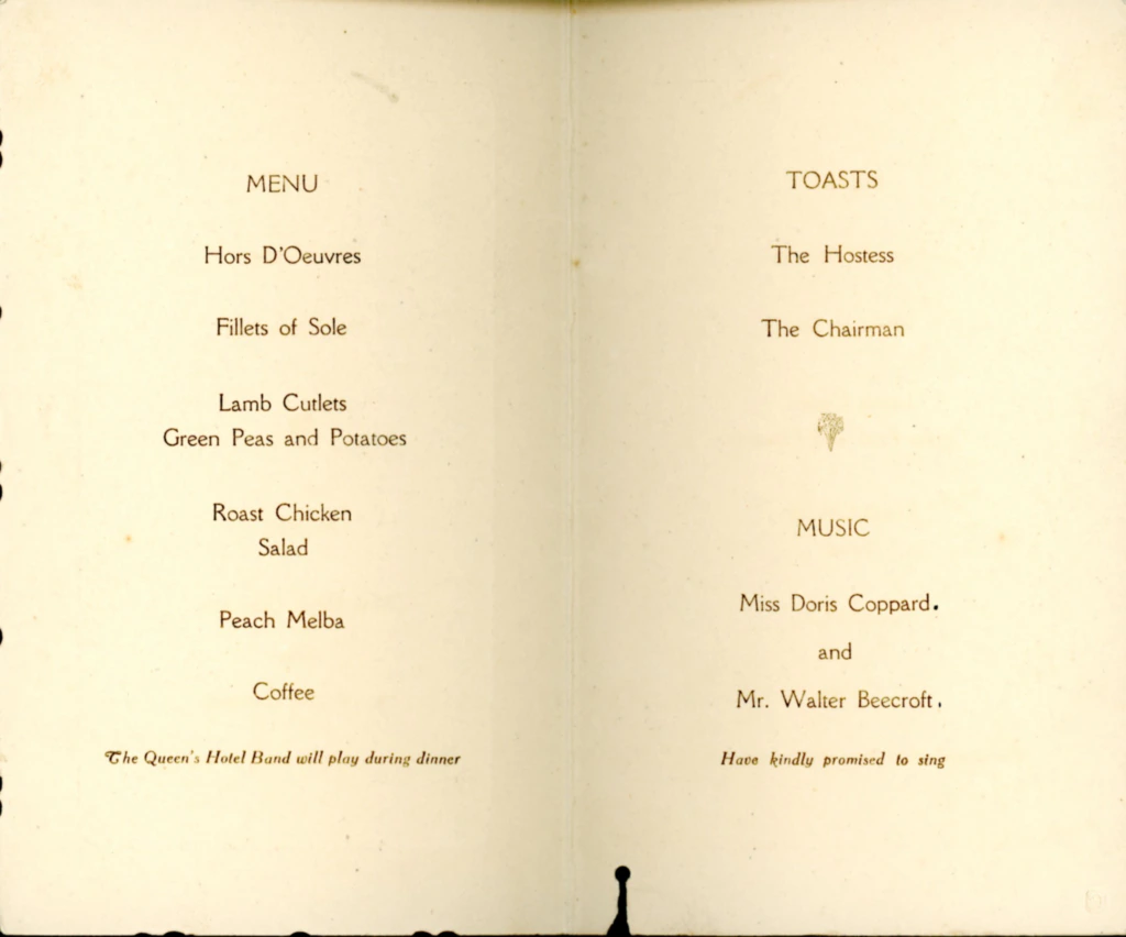 An old-fashioned menu and program. The left page lists dinner courses: hors doeuvres, sole fillets, lamb cutlets with peas and potatoes, roast chicken with salad, peach melba, and coffee. The right page lists toasts and music.