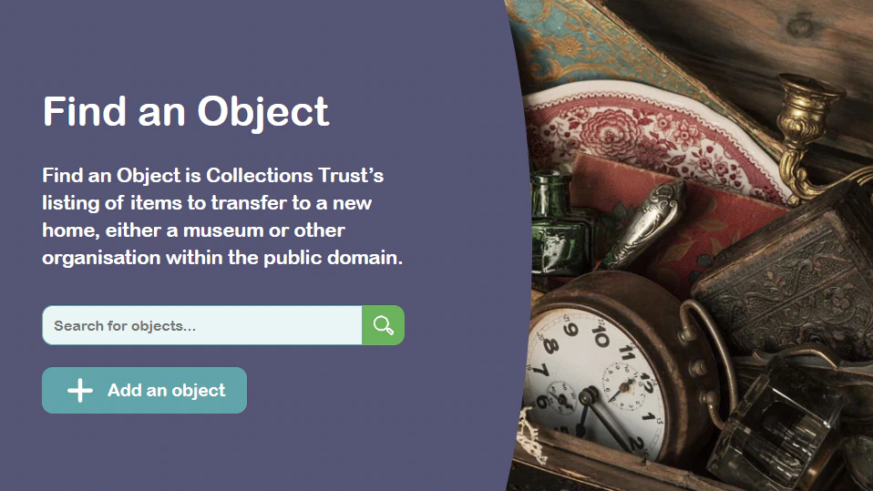 A website page titled Find an Object shows a search bar and an Add an object button on a purple background. To the right is a photo of vintage items, including a clock, camera, and ornate containers.