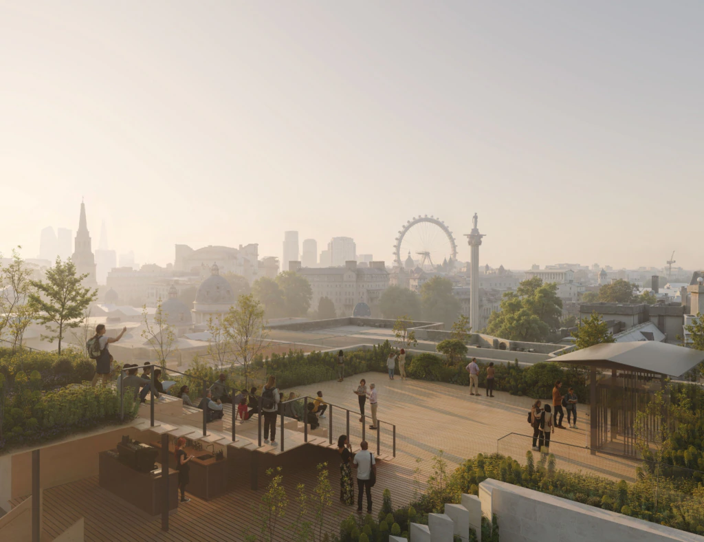 A rooftop terrace with people socializing and relaxing, surrounded by greenery. The view overlooks a hazy cityscape, including the London Eye and various historic buildings, under a soft, golden sky.