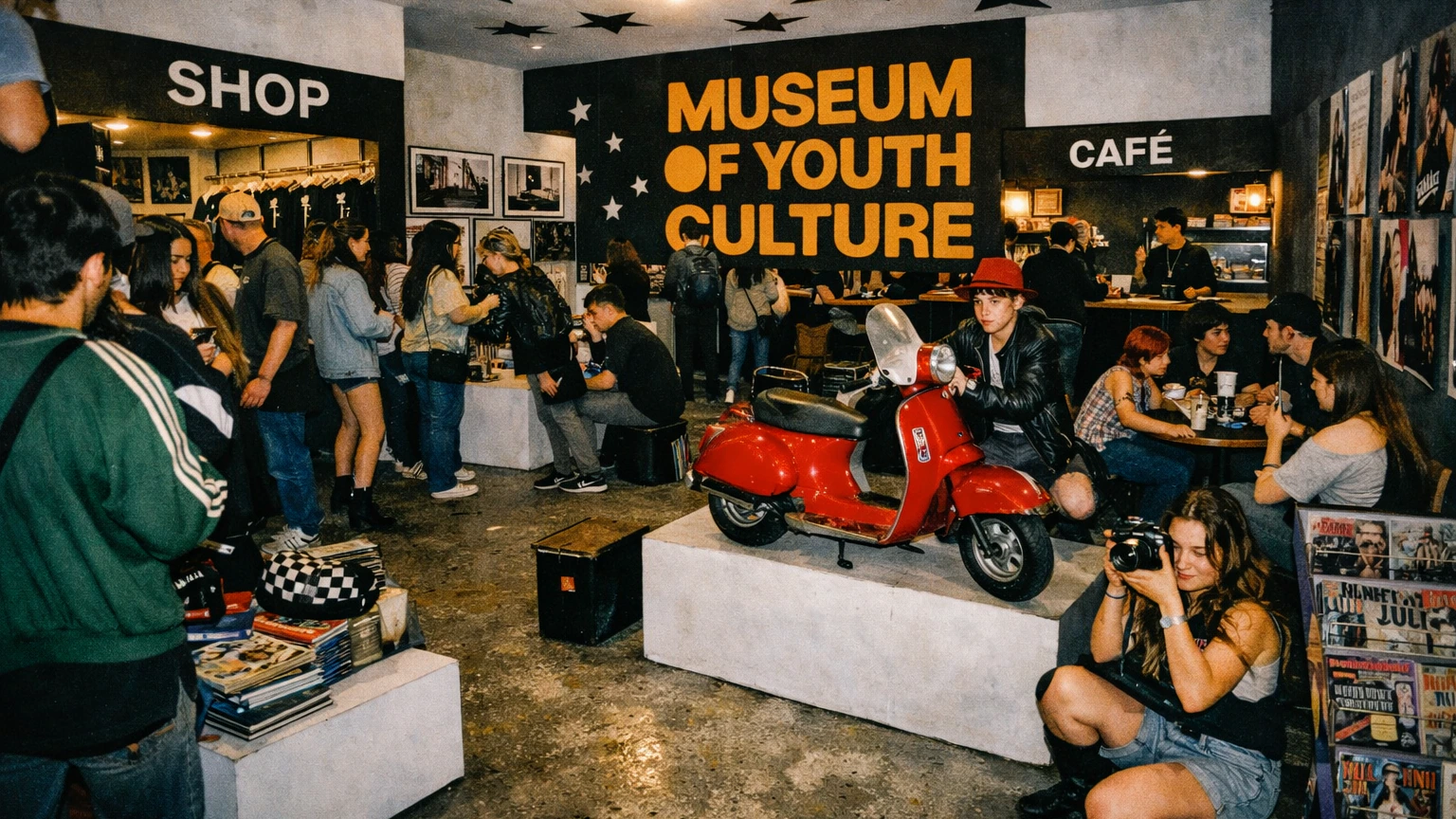People gather inside the Museum of Youth Culture, decorated with stars and bold signage. A red scooter is displayed in the center, and a woman crouches taking photos. The space includes a shop, café, and shelves with magazines.