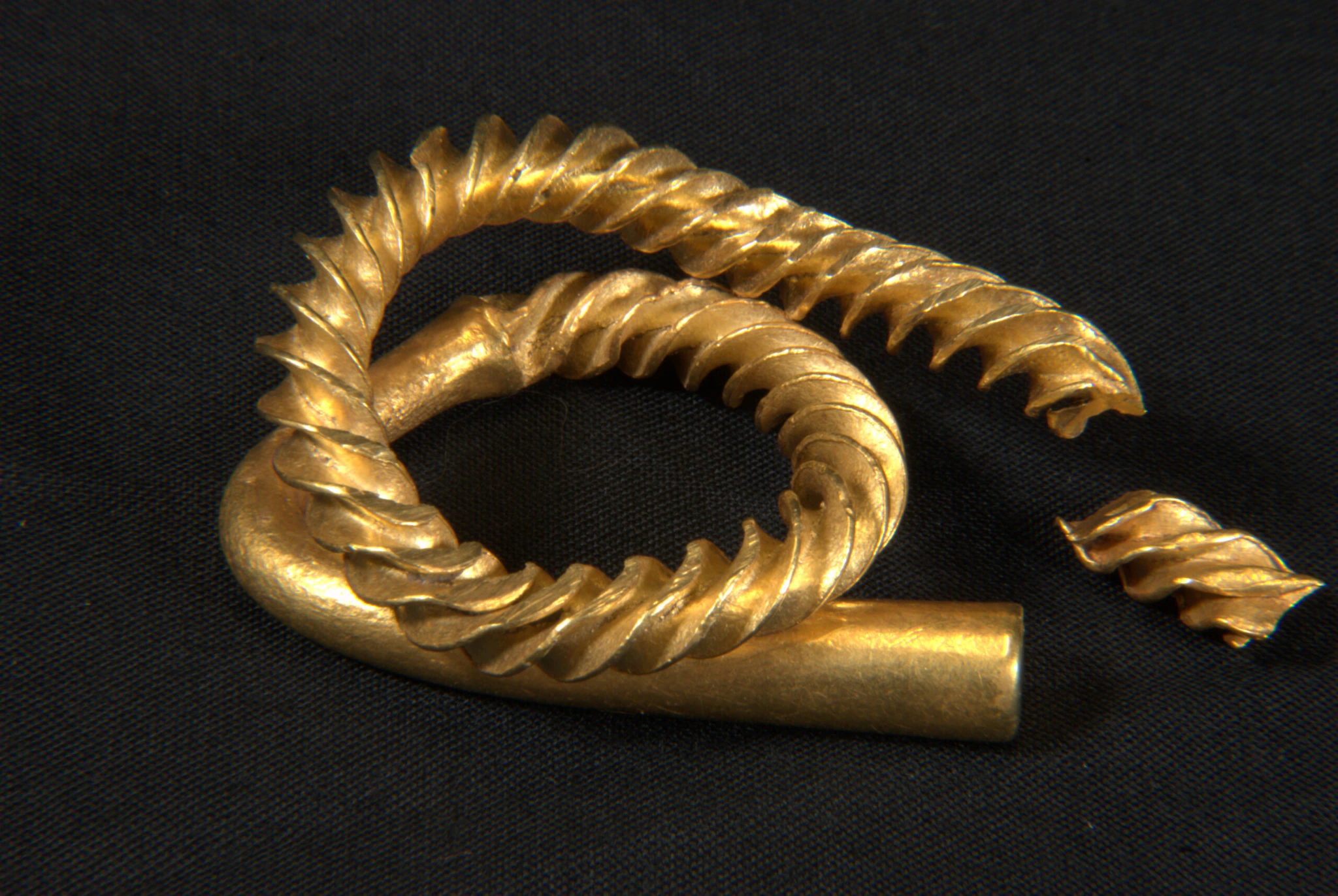 A twisted gold torc with a spiraled design and a small broken piece lies on a dark fabric background