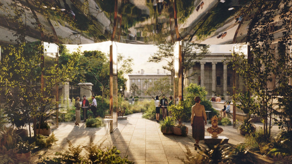 People walk and relax in a lush, modern outdoor garden with plants and trees, under a large reflective canopy. Classical buildings with columns are visible in the background, creating a peaceful, urban courtyard scene.