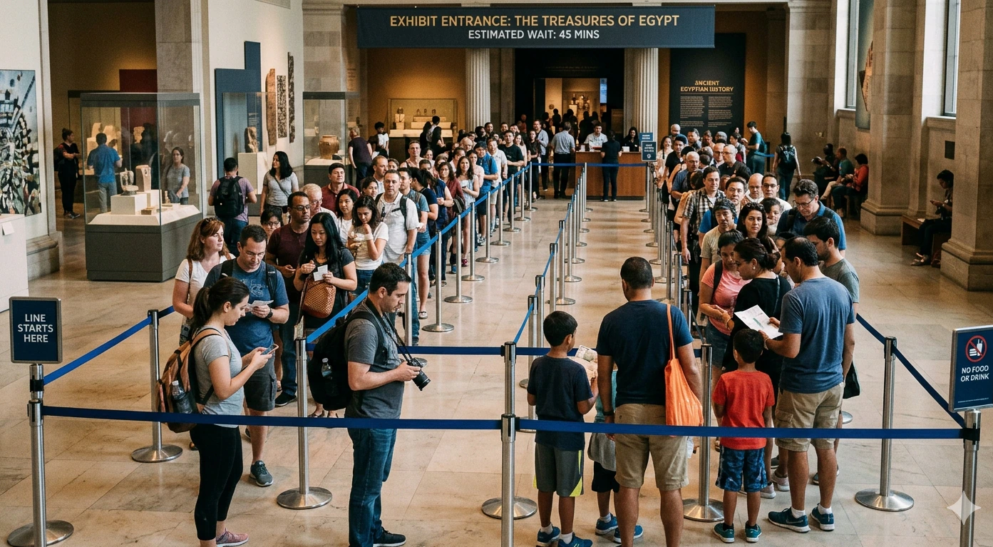 A large group of people wait in a long, roped-off line inside a museum for the Treasures of Egypt exhibit. A sign above estimates a 45-minute wait. Visitors use phones, talk, and stand patiently.