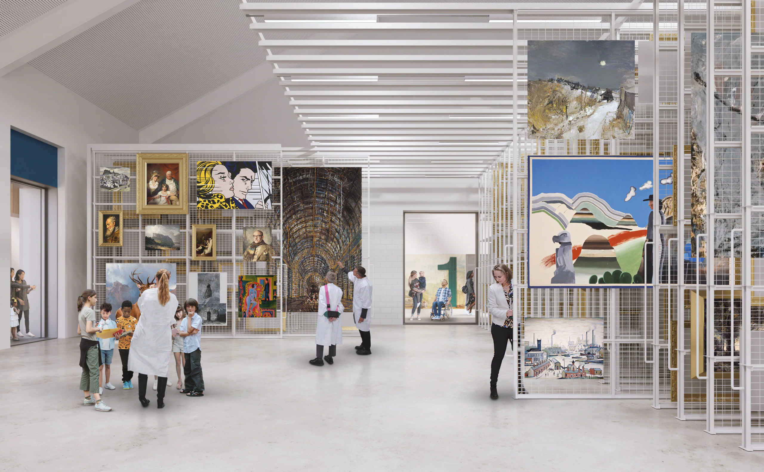 A modern art gallery with people viewing various colorful paintings displayed on tall mesh panels. Some visitors are wearing white lab coats, while others, including children, observe and interact in small groups.