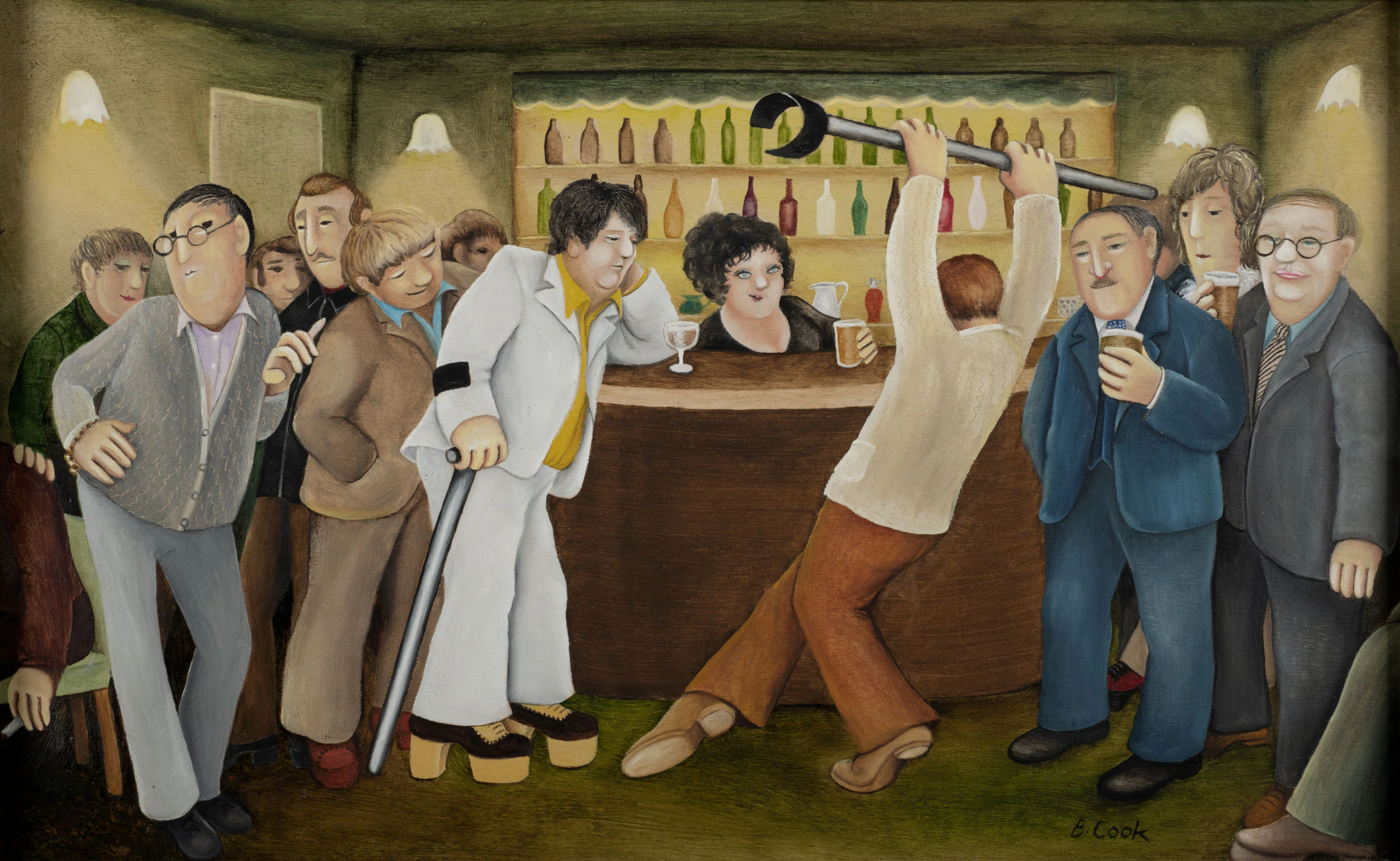 A lively bar scene with a diverse group of people; one man in white uses a crutch, another dances holding a black cane high, while others watch, drink, and chat near a bartender behind the counter.