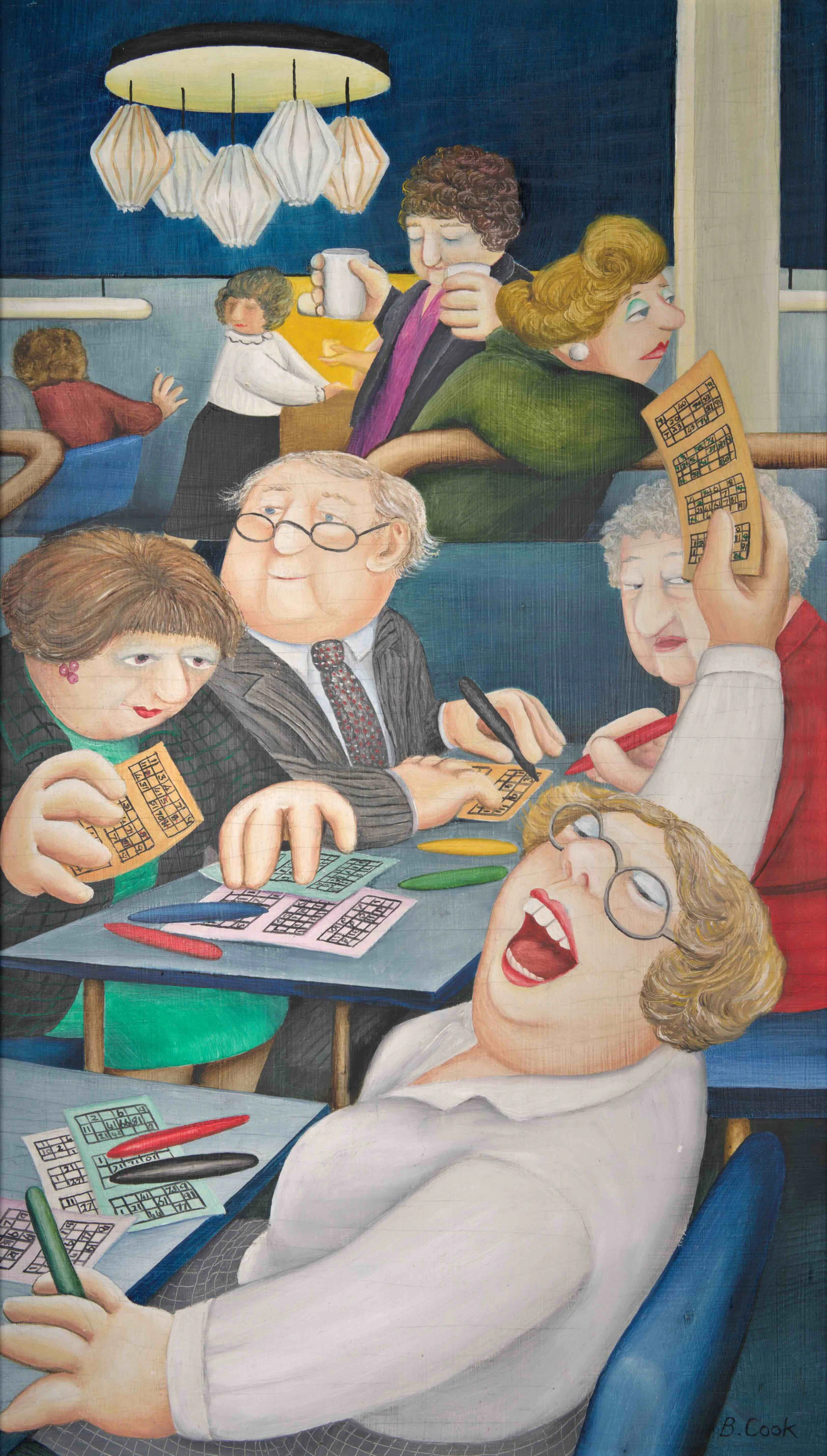 A lively group of older adults sits at tables playing bingo; one woman in front joyfully raises her winning card while others mark numbers, chat, and drink tea in a cheerful, busy room with pendant lights above.