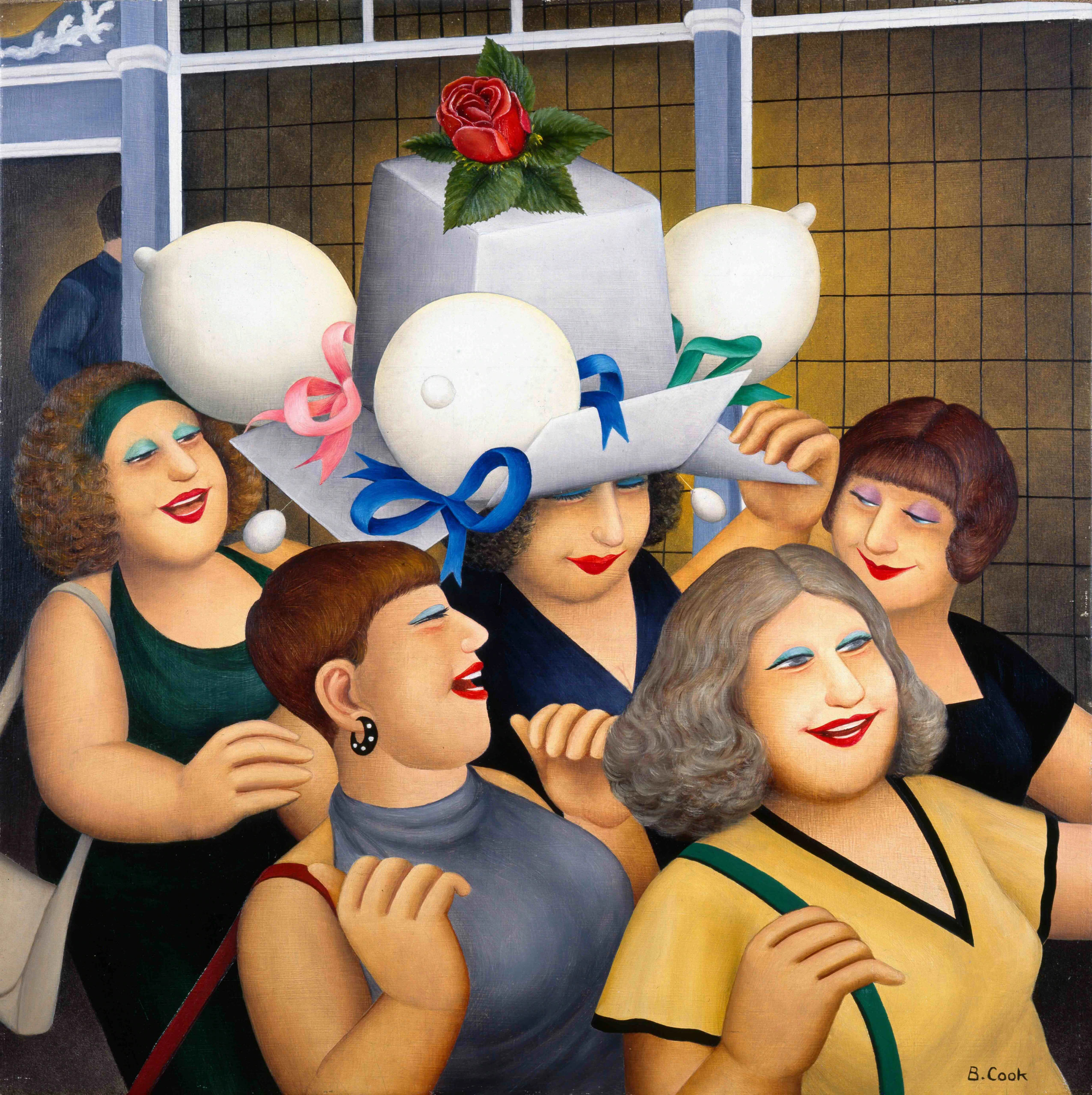 Five smiling women stand close together, laughing. One woman wears a large gray hat decorated with a red rose, blue and pink ribbons, and four white balloons. The group appears cheerful, with a building and windows in the background.