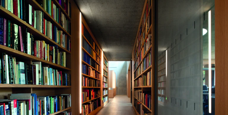 A narrow library corridor lined with tall wooden bookshelves filled with books on both sides, illuminated by soft, natural light from a window at the end of the hallway.