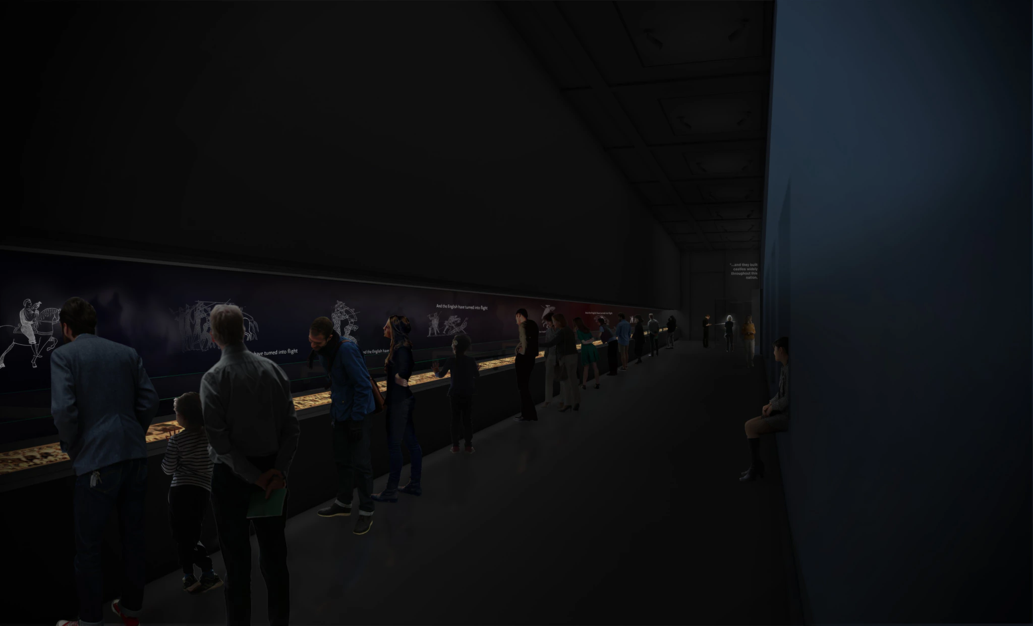 People stand and observe illuminated displays in a dimly lit museum gallery. Some visitors read information on the walls, while others sit on benches along the right side of the room.