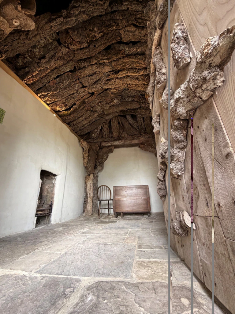 A rustic room with a rough, textured wood and bark ceiling, stone floor, white walls, a small fireplace, a wooden chair, and a wooden chest against the back wall.