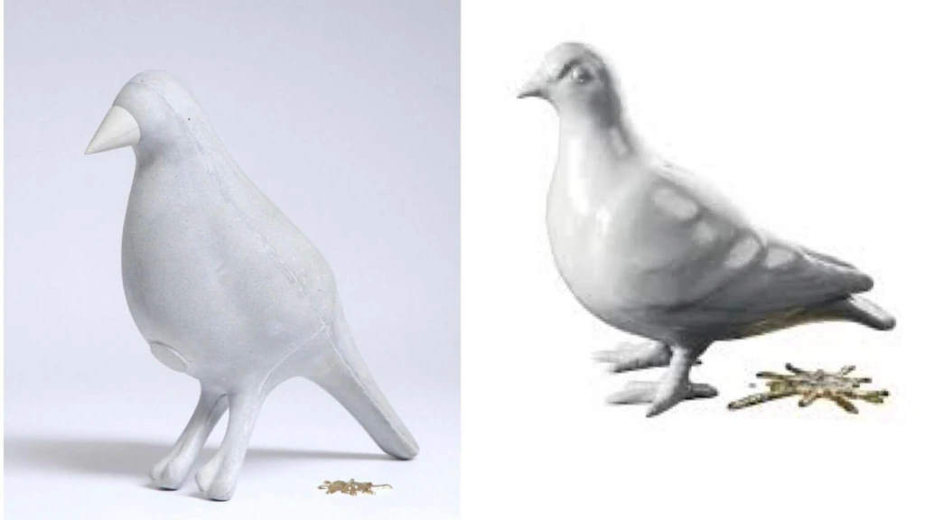 Side-by-side comparison of two white pigeon sculptures. The left pigeon has a smooth, minimalist design, while the right pigeon, displayed with scattered seeds, features more detailed wings and feet. Text below explains their history and comparisons.
