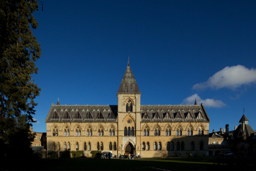 A large, historic stone building with a central tower and pointed arches stands under a clear blue sky, sunlight illuminating its ornate Gothic architecture.