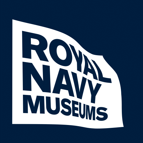 Logo of the Royal Navy Museums with bold white text on a dark blue background, arranged on a stylized flag shape. The words Royal Navy Museums appear in large, uppercase letters.