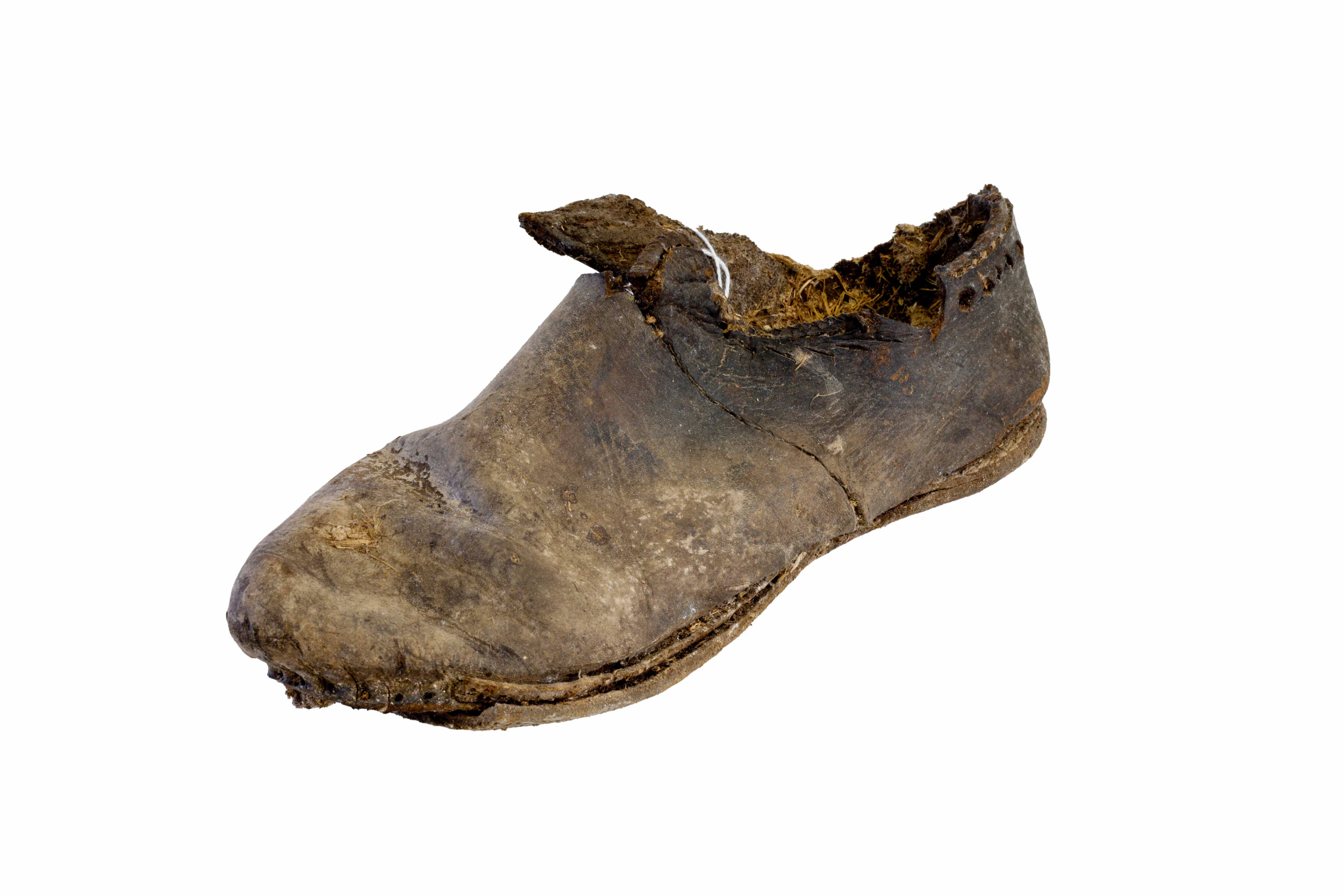 A worn, old leather shoe with a torn opening and damaged sole, isolated on a white background.