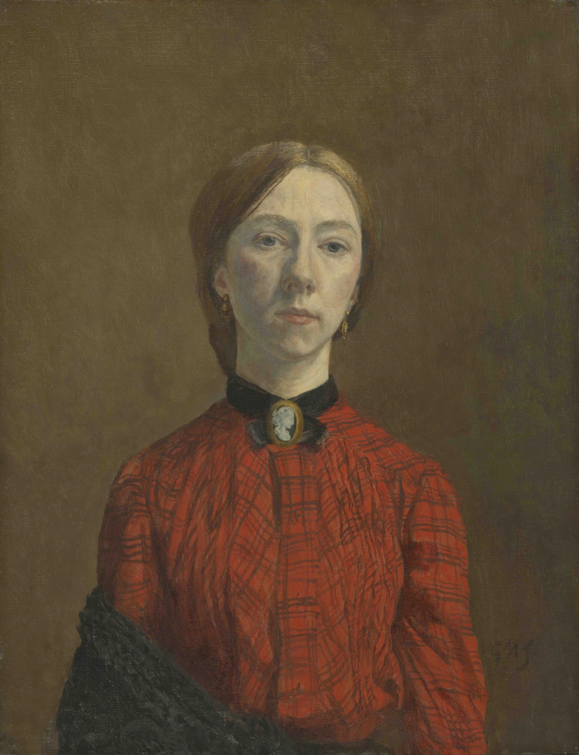 A woman with auburn hair, wearing a red plaid dress and a black shawl, sits against a plain brown background. She has a cameo brooch at her collar and gazes directly forward with a calm, neutral expression.
