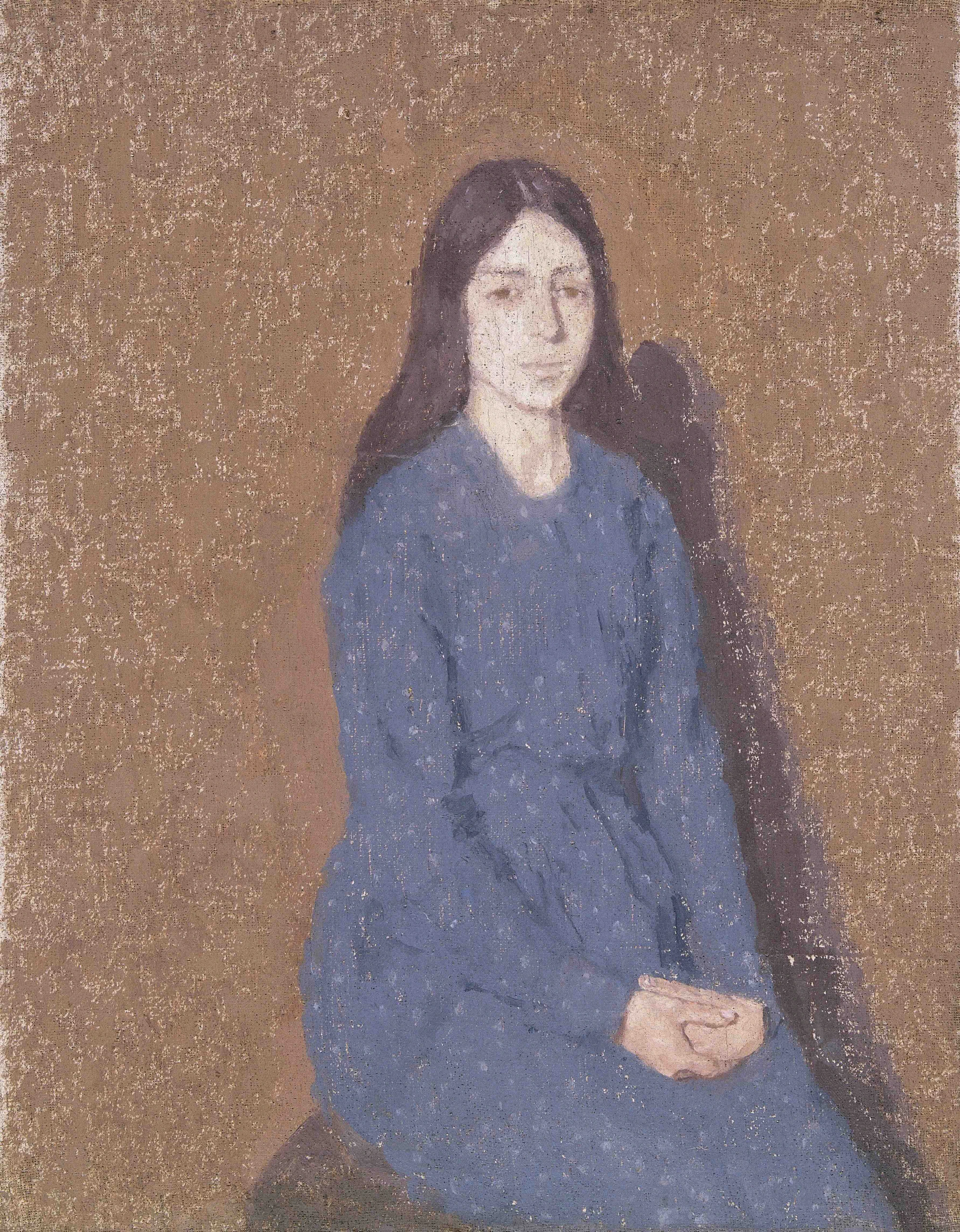 A woman with long brown hair sits against a brown textured background, wearing a loose-fitting blue dress. Her hands are gently clasped in her lap, and she has a calm, neutral expression. The painting uses soft, muted colors.