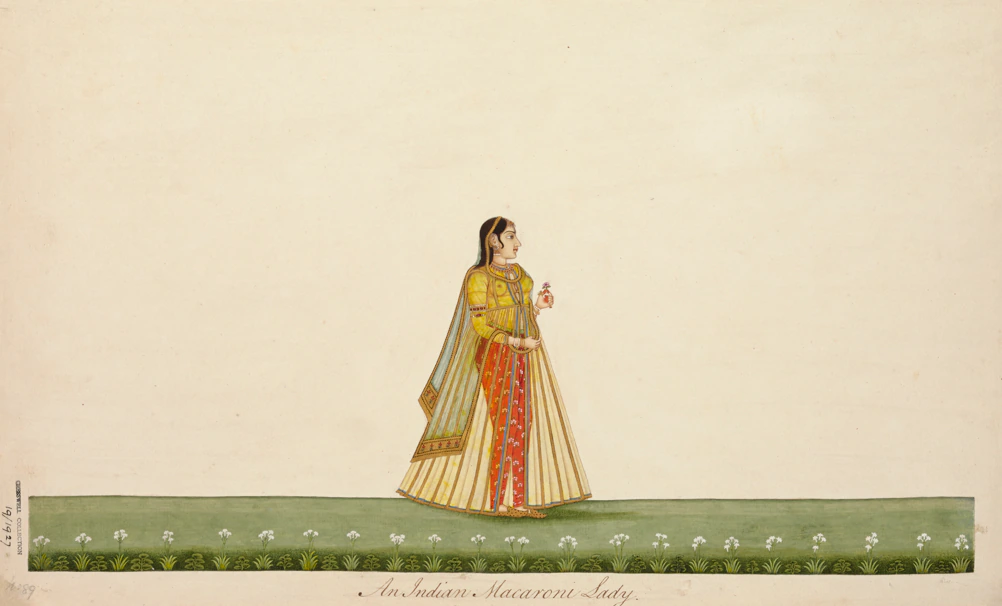 A historic painting of an Indian noblewoman standing on grass, wearing a yellow and red traditional dress with a veil, holding a pink flower, set against a plain cream-colored background.