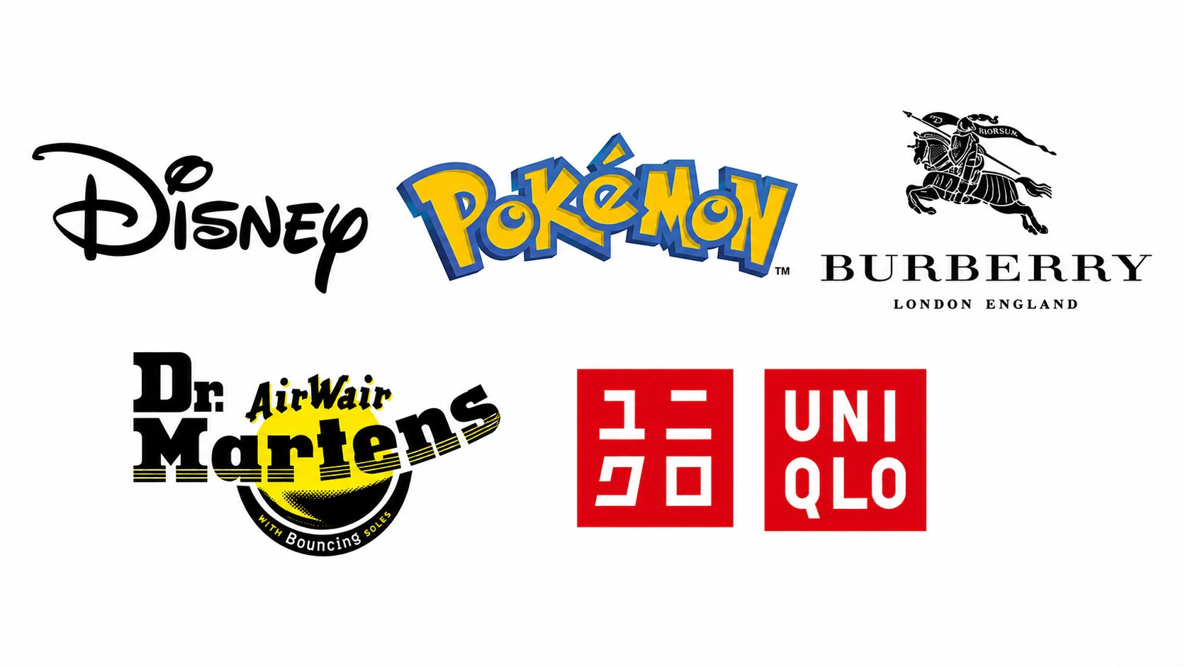 Six logos: Disney, Pokémon, Burberry, Dr. Martens (AirWair), and Uniqlo (appearing twice in Japanese and English) on a white background.