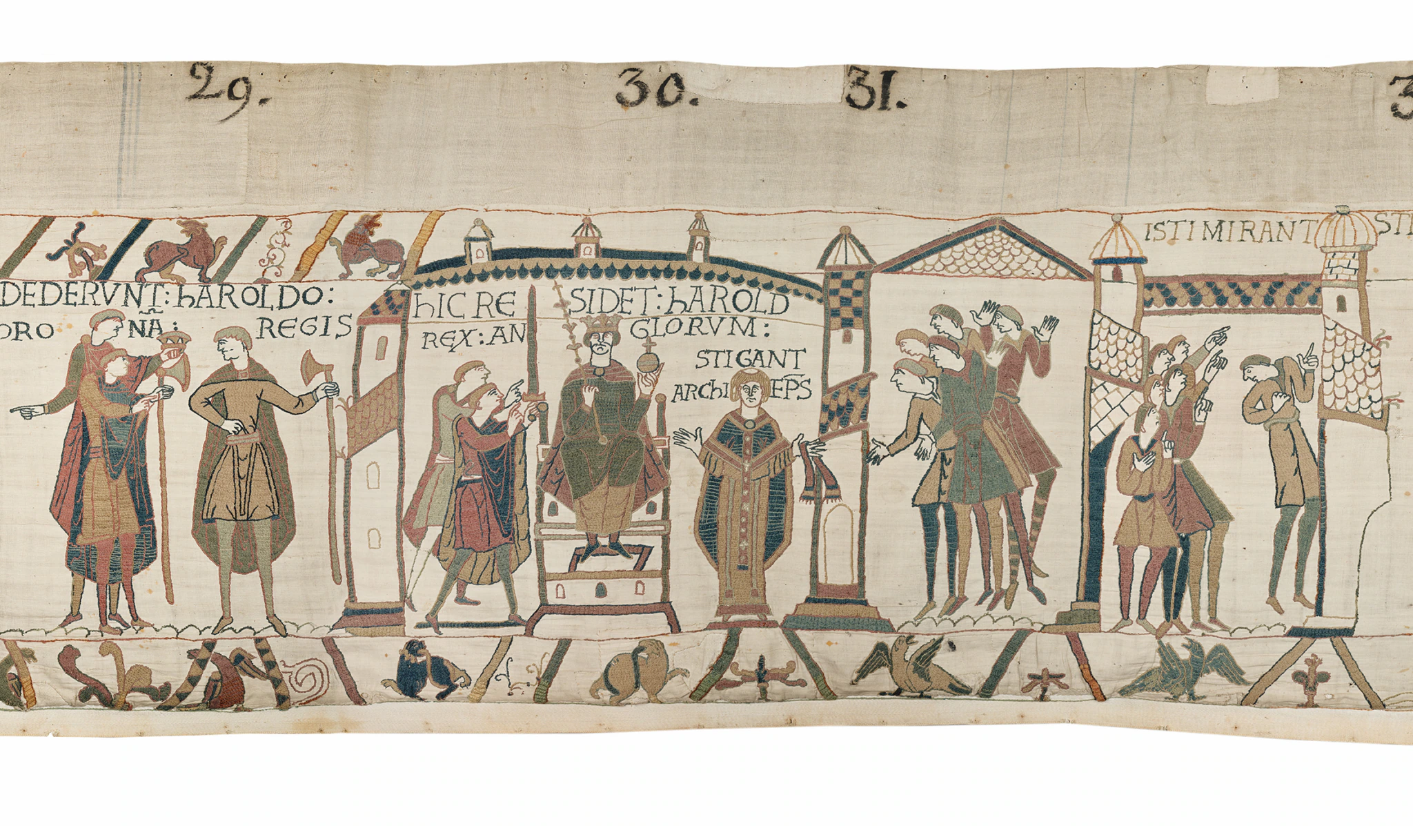 A section of the Bayeux Tapestry showing medieval figures, including a seated king, nobles, and attendants. Some are gesturing or speaking, and medieval buildings are in the background. Latin text runs along the top.