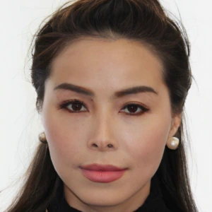 A woman with long dark hair, styled back from her face, wears pearl earrings, natural makeup, and a black turtleneck top, looking directly at the camera against a plain white background.