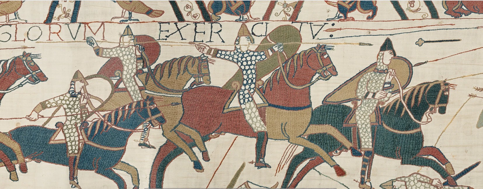 Medieval tapestry scene showing armored soldiers on horseback shooting arrows, with Latin text above and more warriors, horses, and arrows in the background.