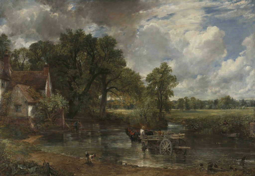 A rural scene with a horse-drawn cart crossing a shallow river, a cottage on the left, large trees, cloudy sky, and people working near the water. A dog stands by the riverbank in the foreground.