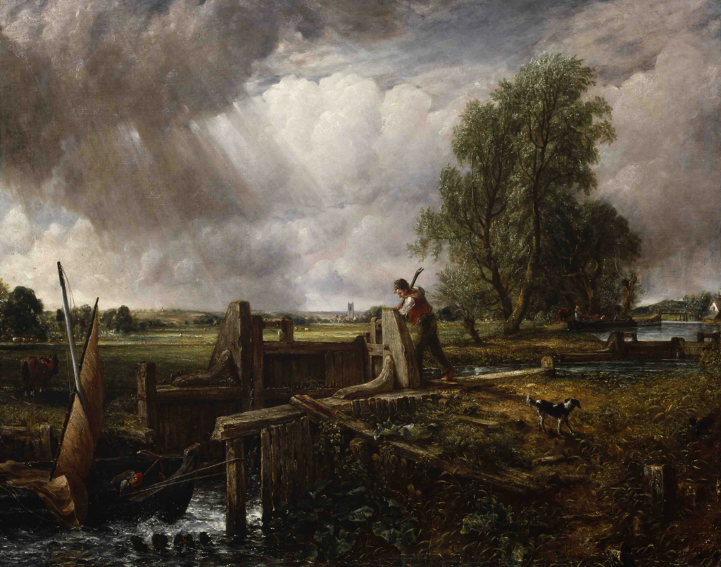 A man opens a wooden lock gate on a canal under a dramatic cloudy sky, with a small boat, a dog nearby, trees, and fields in the background. Sunlight breaks through the clouds, illuminating the scene.
