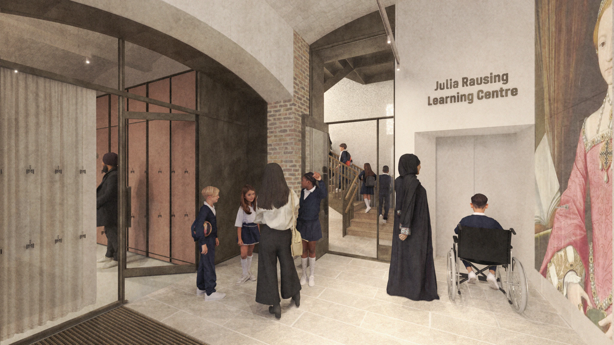 Students and adults gather in a hallway near lockers and stairs in the Julia Rausing Learning Centre; one person uses a wheelchair, and a large historical portrait is visible on the wall.