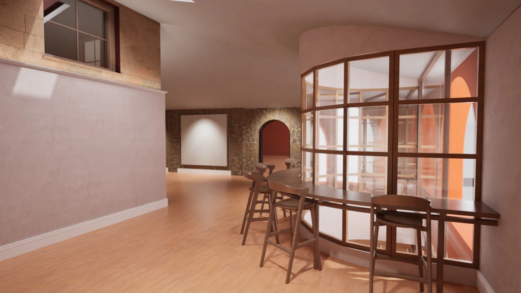 Modern interior with light wood flooring, beige walls, a curved glass partition, bar-height chairs, and exposed stone accents. Large windows allow natural light into the space.