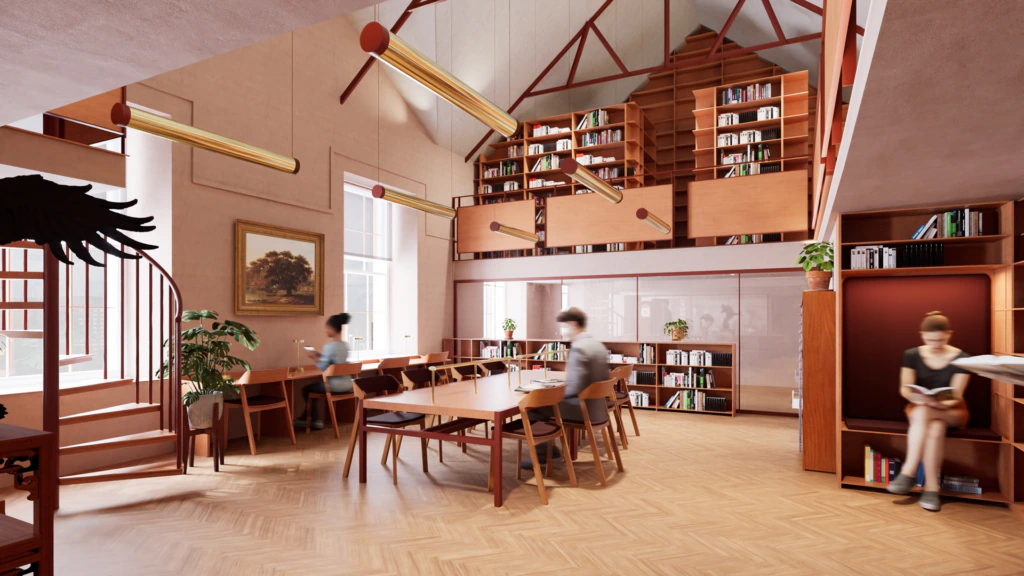 A modern library with wooden furniture, high ceilings, bookshelves, and large windows. Three people are reading or working at tables, and one person is reading near a bookshelf. Warm lighting and plants add a cozy atmosphere.