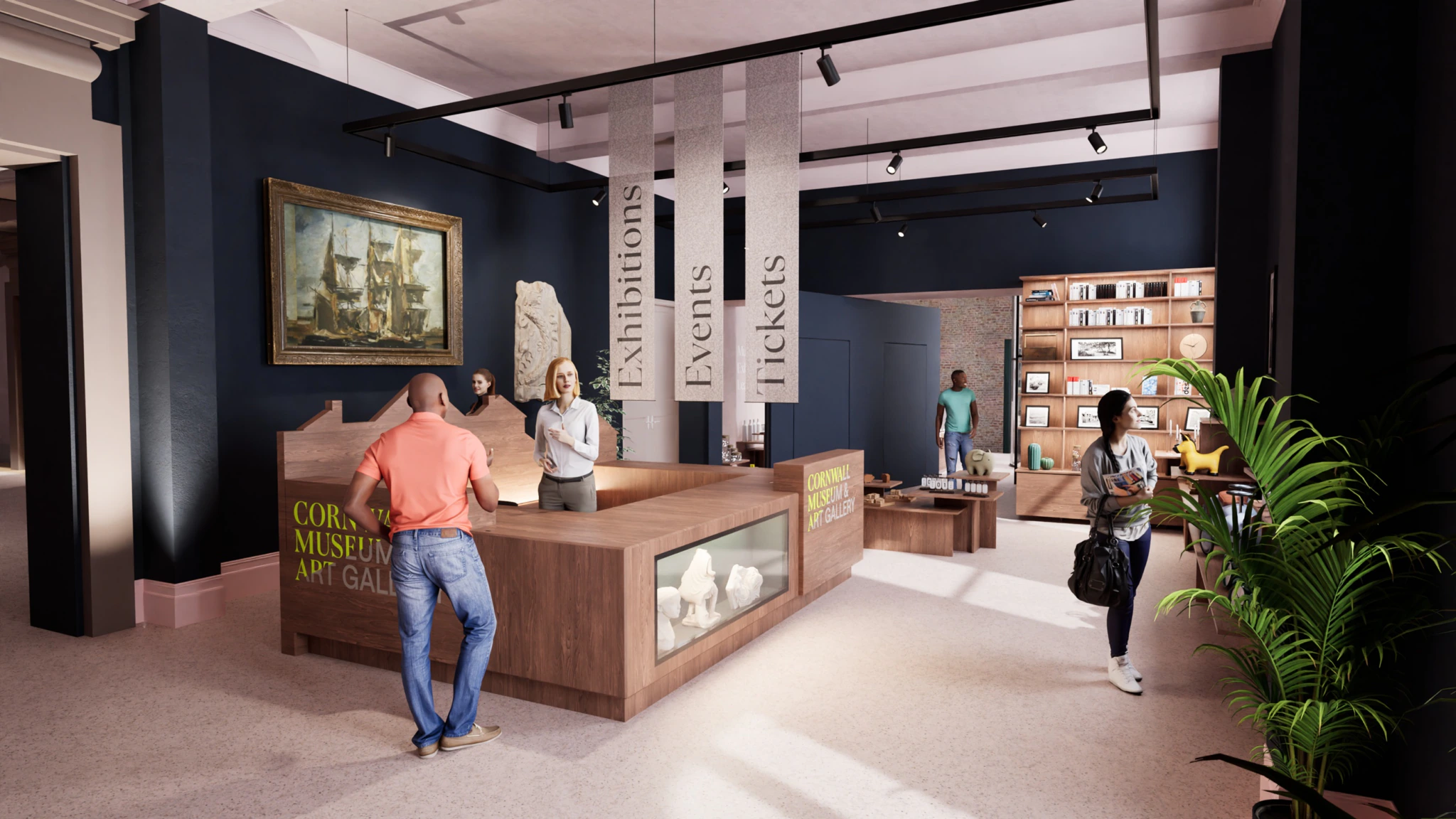 A modern museum lobby with a reception desk, visitors interacting, art on the walls, and displays of books and souvenirs. Signs read “Exhibitions,” “Events,” and “Tickets.” Natural light brightens the welcoming space.